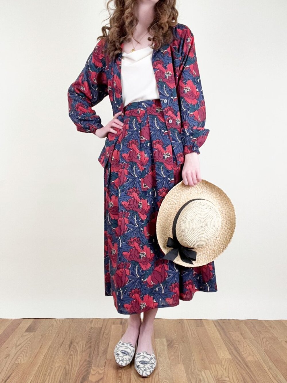 Vintage 1970s Irish Floral Print Matching Set Midi Maxi Skirt Shirt Ireland 70's
